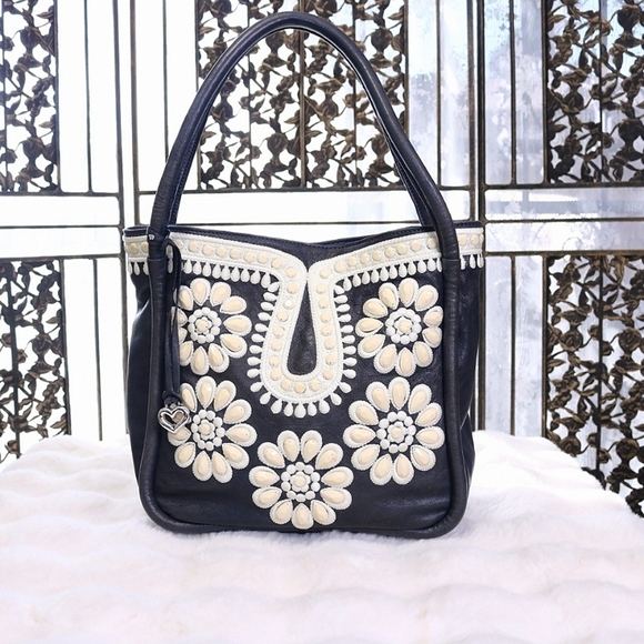 Brighton Handbags - Vintage Brighton Masterpiece Crown Jewell Embroidered Beaded Hobo Bag Navy Blue